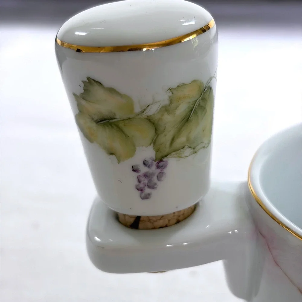 Hand Painted Porcelain Wine Coaster with Matching Grape Vine Cork Stopper Rare